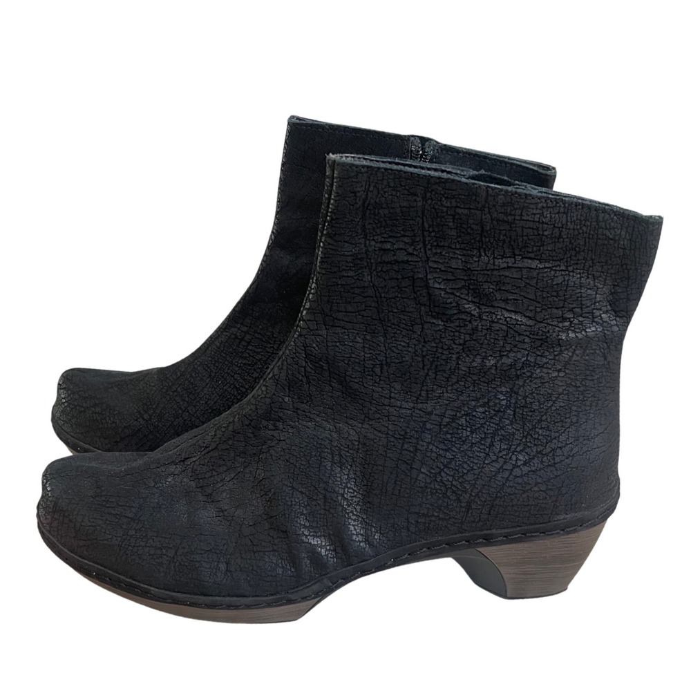 Naot Almeria Black Crackled Leather Ankle Boots Block Heel Side Zip Size 39/us 8